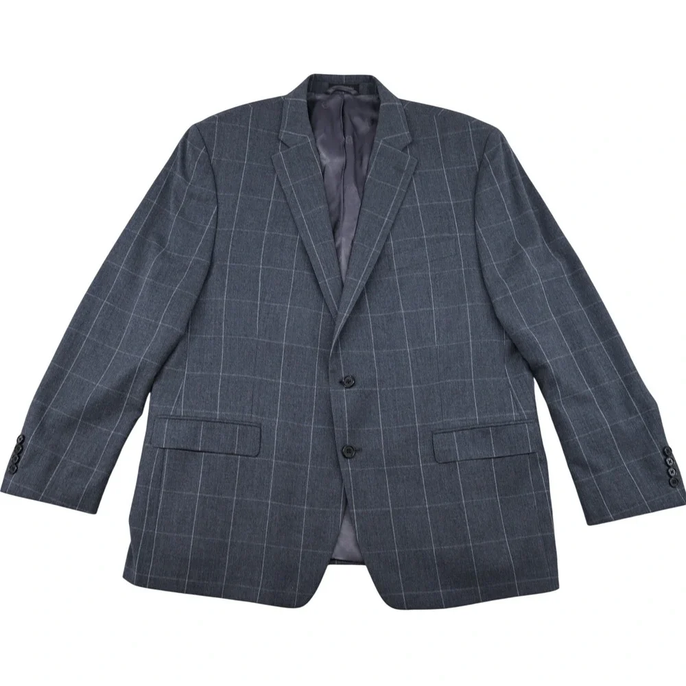 100% Wool Lauren Ralph Lauren Windowpane Plaid Grey Suit Jacket Blazer 46R Luxe